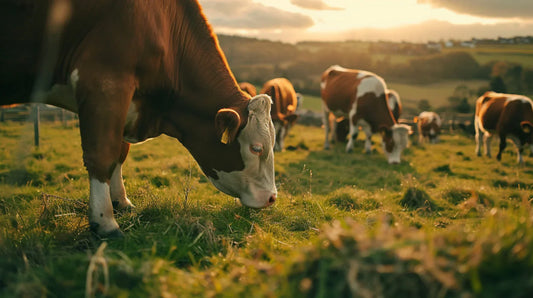 Photorealistic view of cows grazing peacefully in a natural outdoor setting, surrounded by lush green grass and clear skies