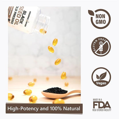 ORGANICS NATURE Black Seed Oil Capsules 1000MG Vegan Softgels, for Hair & Skin, Heart Support, Nigella Sativa - 100% Cold Pressed Cumin Seed Oil Capsules High Thymoquinone, Omega 3s