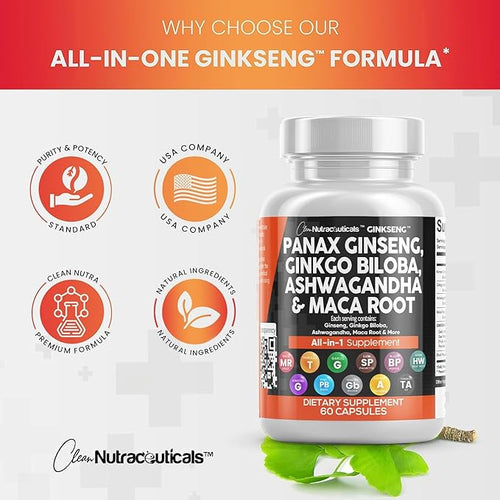 Clean Nutraceuticals Panax Ginseng 10000mg Ginkgo 4000mg Ashwagandha 3000mg - 60 Caps