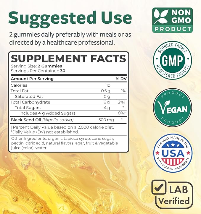 Black Seed Oil Gummies - Natural Ginger Ale Flavor (Non-GMO & Vegan) Cold-Pressed Nigella Sativa Producing Pure Black Cumin Seed Oil - 500mg Per 2 Gummy Serving