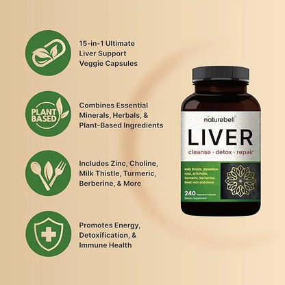 Liver Cleanse Detox & Repair Supplement, 240 Veggie Capsules|15-in-1 Complex 500mg, Dandelion 200mg, Artichoke 200mg, Black