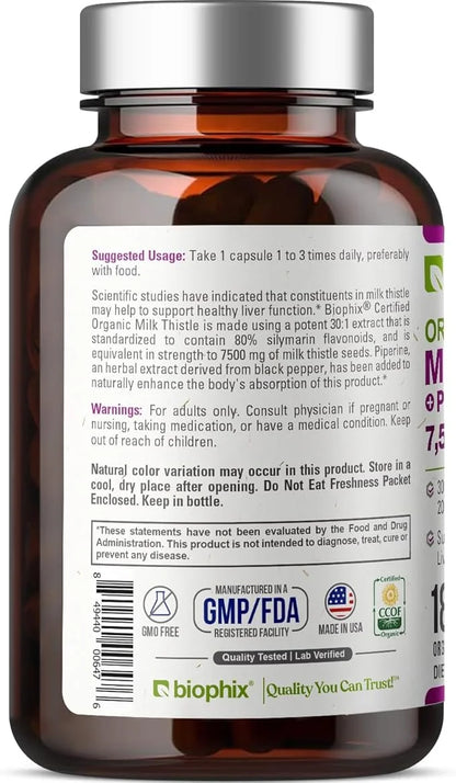 biophix Milk Thistle USDA Organic 30:1 7500 mg 180 Veggie