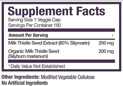 Organic Milk Thistle Capsules, 180 Caps, 80% Silymarin 450 mg,
