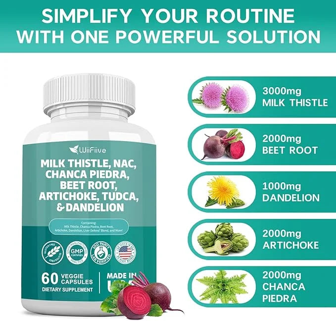 Milk Thistle 3000mg NAC Chanca Piedra 2000mg Beet 2000mg Artichoke 2000mg Tudca 1000mg with 60 Count