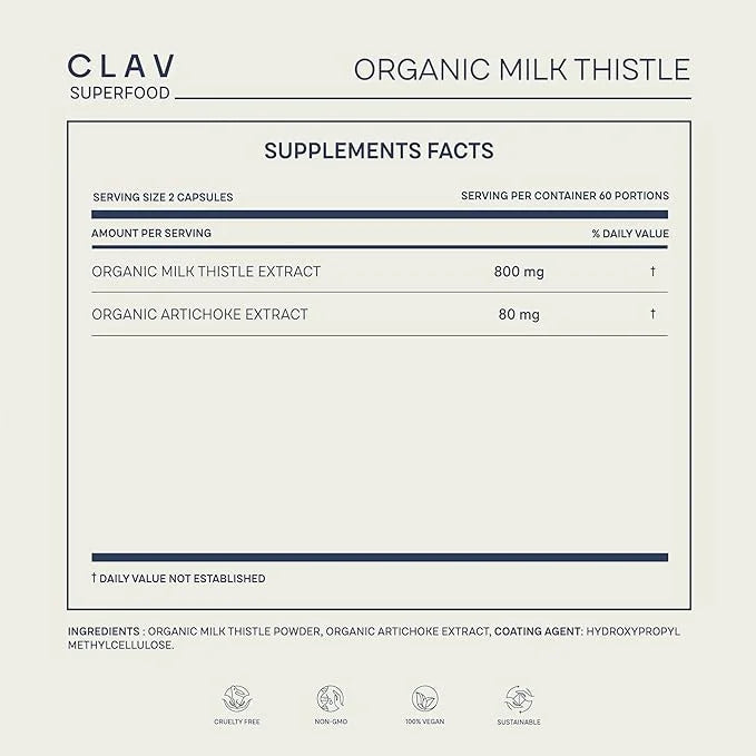 CLAV Organic Milk Thistle & Artichoke 120 Capsules (60 Days