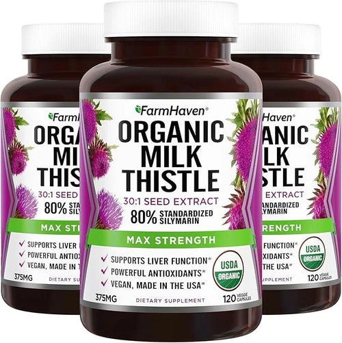 FarmHaven USDA Organic Milk Thistle Capsules 30X Concentrated 80% Silymarin 360 Vegan