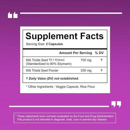 Organic Milk Thistle Supplement 70:1 Extract, 80% Silymarin, 60 Vegan