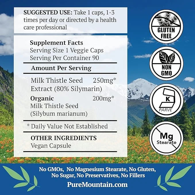 Pure Mountain Botanicals Milk Thistle Capsules 90 Kosher