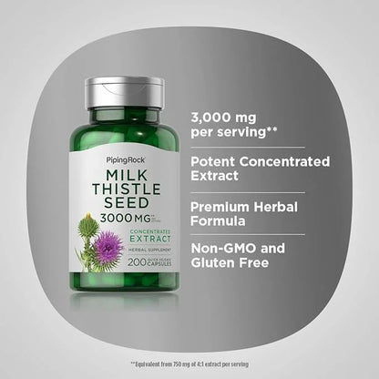 Piping Rock Milk Thistle Supplement 3000mg | 200 Capsules