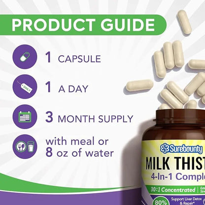 4-in-1 Milk Thistle Complex for Men 30X Milk (80% Silymarin), 90 Veggie