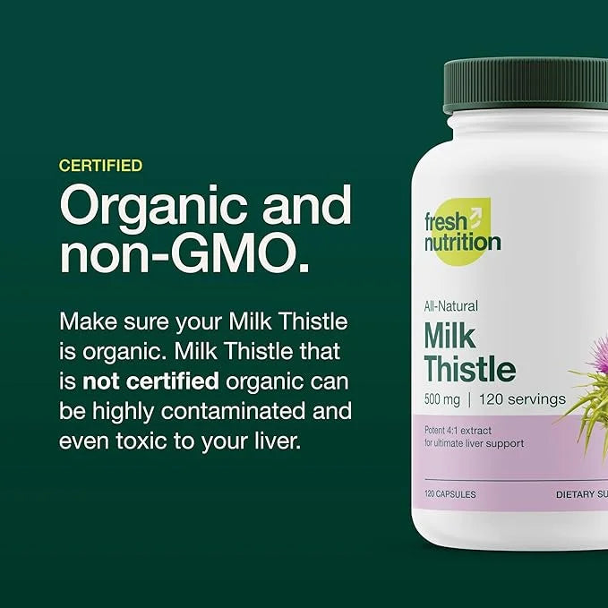 Fresh Nutrition Organic Milk Thistle Supplement 2000mg Potent 4 Month 4:1 - 120 Capsules