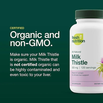 Fresh Nutrition Organic Milk Thistle Supplement 2000mg Potent 4 Month 4:1 - 120 Capsules