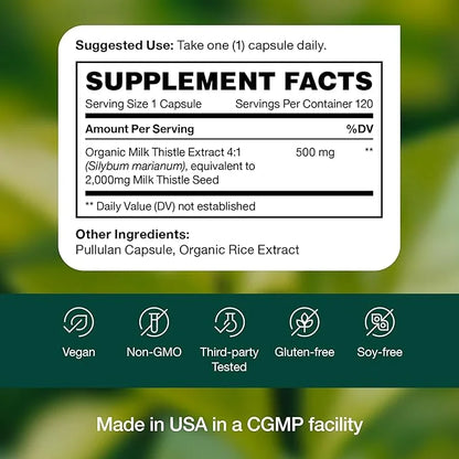 Fresh Nutrition Organic Milk Thistle Supplement 2000mg Potent 4 Month 4:1 - 120 Capsules