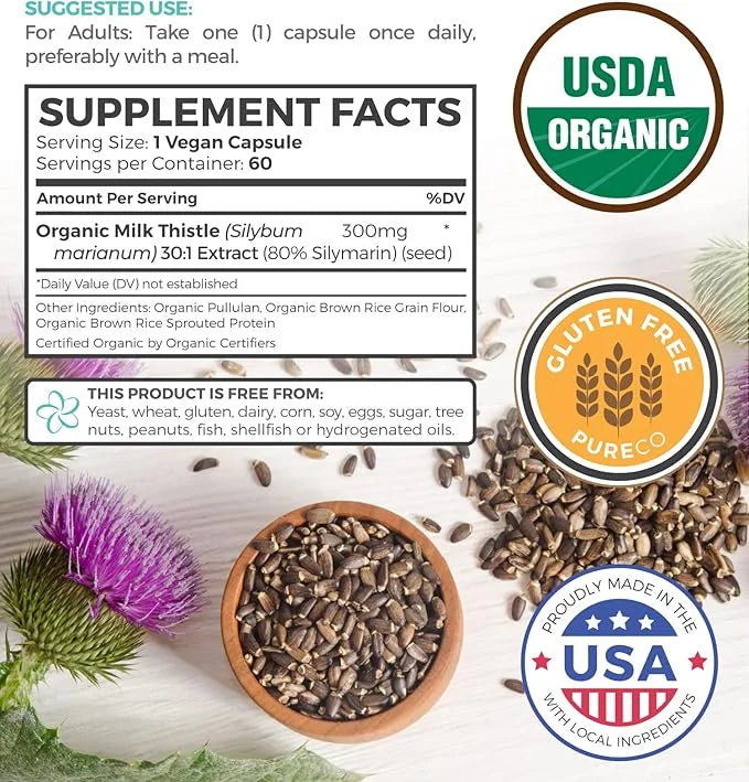 USDA Organic Milk Thistle Capsules 80% Silymarin 300mg of 30:1 Milk 9,000mg - 60 Day