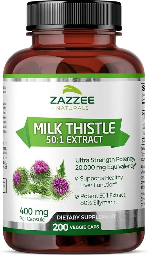 Zazzee Organic Milk Thistle 50:1 Extract, 20,000 mg 200 Vegan 80% Silymarin 6 Month 50X Extract,