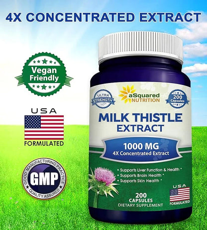 aSquared Nutrition Milk Thistle Supplement 1000mg-200 4X Concentrated 4:1 Milk 1000 mg