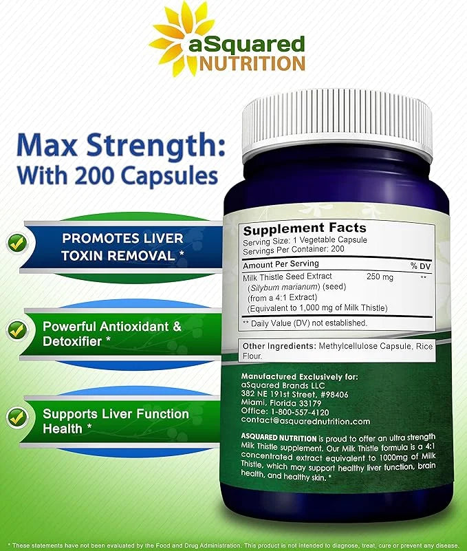 aSquared Nutrition Milk Thistle Supplement 1000mg-200 4X Concentrated 4:1 Milk 1000 mg