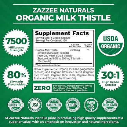 Zazzee USDA Organic Milk Thistle 30:1 7500 mg 120 Vegan 80% Silymarin 30X Extract, 100% Vegetarian,