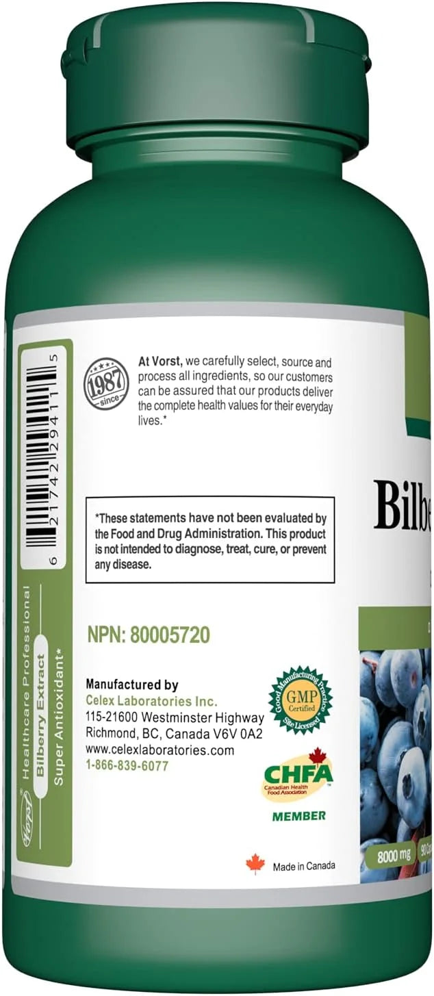 Vorst Bilberry Extract 8000mg Equivalent Raw 90 Capsules