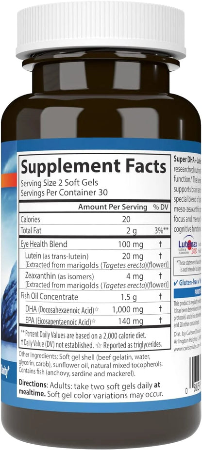 Carlson - Super DHA Plus Lutein, 1000 mg 20 mg 60 Softgels