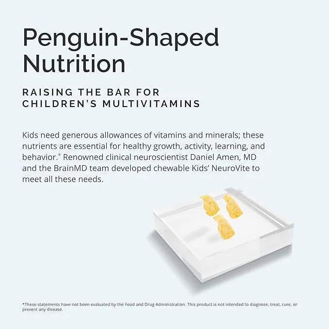 BRAINMD Dr Amen Kids’ NeuroVite, Orange Flavor 120 Penguin-Shaped 60 Servings