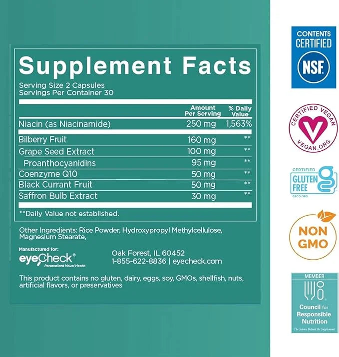 Eye Pressure Supplement with Bilberry Saffron CoQ10 for (60 Capsules)