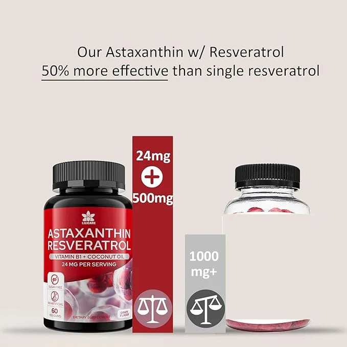 Sugar-Free Astaxanthin 24mg Gummies with Resveratrol 500mg, Powerful B1, Coconut 60 Count,