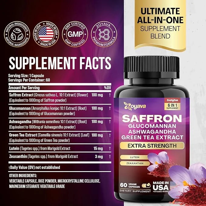 Zoyava Saffron Supplements 1000mg Glucomannan 1000mg 1000mg Green 1000mg Lutein 6 Month