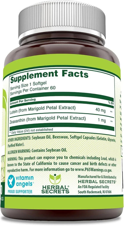 Herbal Secrets Lutein with Zeaxanthin Supplement 40 Mg 60 Softgels