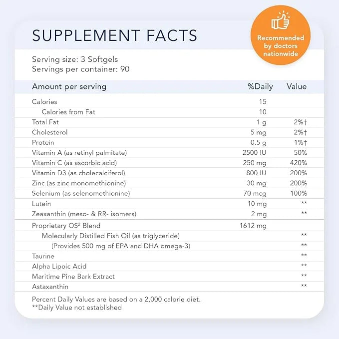 OS2 Ocular Support Solution 90Ct, Eye AREDS2, Vit Omega-3, Lutein