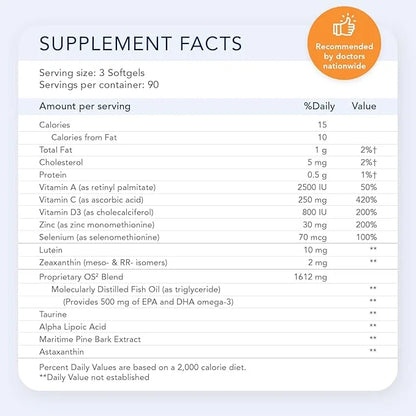 OS2 Ocular Support Solution 90Ct, Eye AREDS2, Vit Omega-3, Lutein