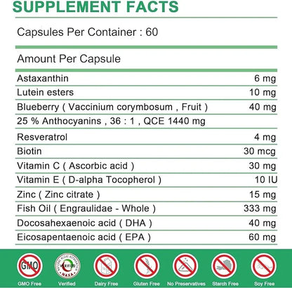 Astaxanthin Supplements, Astaxanthin 6mg with Lutein 3 Resveratrol 60 Softgel