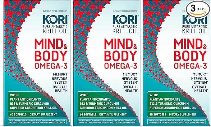 Kori Krill Kori Mind & Body Omega-3 Oil 3, Brain B12, Tumeric 80 Softgels (3 pack)