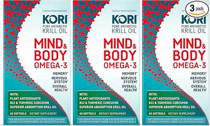 Kori Krill Kori Mind & Body Omega-3 Oil 3, Brain B12, Tumeric 80 Softgels (3 pack)