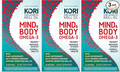 Kori Krill Kori Mind & Body Omega-3 Oil 3, Brain B12, Tumeric 80 Softgels (3 pack)