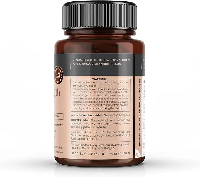 pureclinica Triple Strength Lutein 30mg x 90 tablets. 1000mcg Zeaxanthin 3 Months