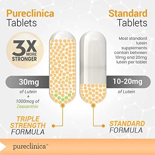 pureclinica Triple Strength Lutein 30mg x 90 tablets. 1000mcg Zeaxanthin 3 Months
