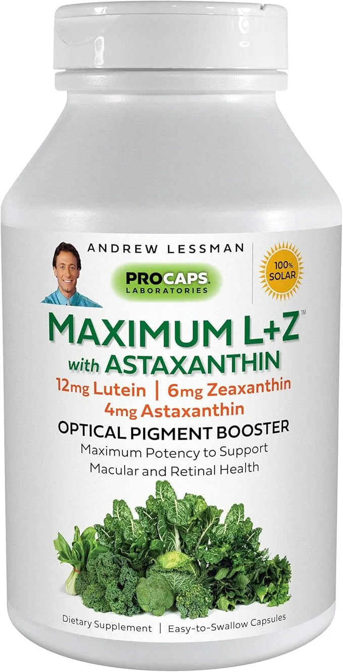 ANDREW LESSMAN Maximum L+Z with Astaxanthin 120 Softgels 12mg Lutein, 6mg Zeaxanthin, 4mg Astaxanthin.