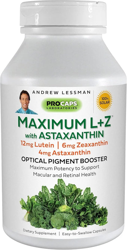 ANDREW LESSMAN Maximum L+Z with Astaxanthin 120 Softgels 12mg Lutein, 6mg Zeaxanthin, 4mg Astaxanthin.