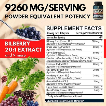 10in1 Bilberry Extract for Eyes Supplement 9260mg 3 Month 90 Capsules
