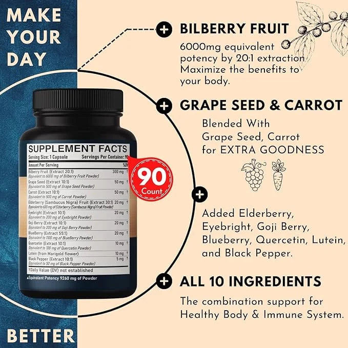 10in1 Bilberry Extract for Eyes Supplement 9260mg 3 Month 90 Capsules