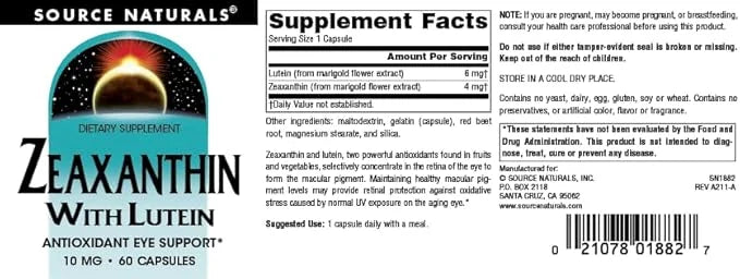 Source Naturals Zeaxanthin with Lutein, Antioxidant 10 mg 60 Capsules