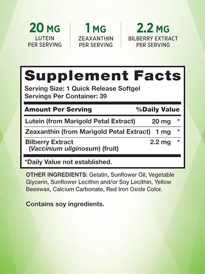 Lutein and Zeaxanthin Supplement 20mg | 39 Softgels