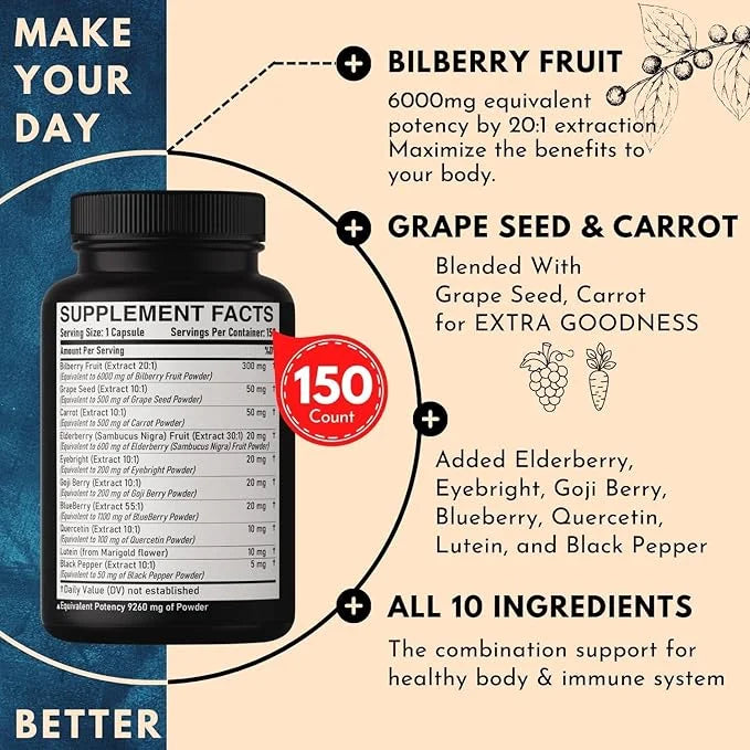 20:1 Bilberry Extract Capsules 9260mg Per 5 Month 10in1 Plus 150 Counts