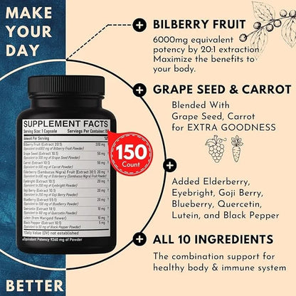 20:1 Bilberry Extract Capsules 9260mg Per 5 Month 10in1 Plus 150 Counts