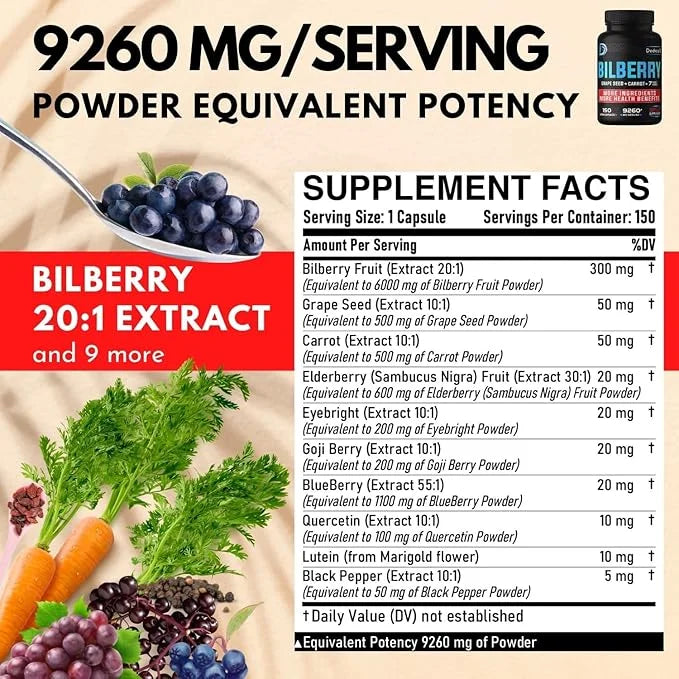20:1 Bilberry Extract Capsules 9260mg Per 5 Month 10in1 Plus 150 Counts