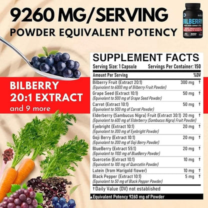 20:1 Bilberry Extract Capsules 9260mg Per 5 Month 10in1 Plus 150 Counts