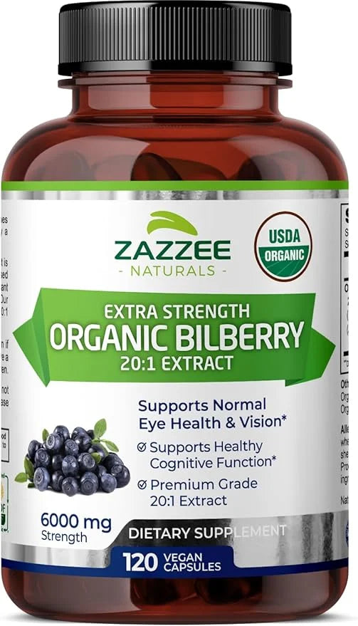 Zazzee USDA Organic Bilberry 20:1 Extract, 6000 mg 120 Vegan 4 Month 20X Extract, 100% Vegetarian,