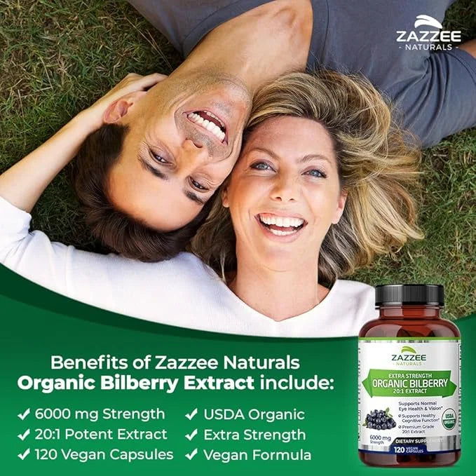 Zazzee USDA Organic Bilberry 20:1 Extract, 6000 mg 120 Vegan 4 Month 20X Extract, 100% Vegetarian,