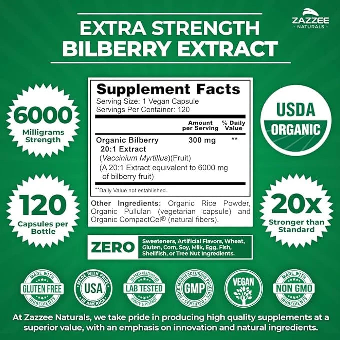 Zazzee USDA Organic Bilberry 20:1 Extract, 6000 mg 120 Vegan 4 Month 20X Extract, 100% Vegetarian,